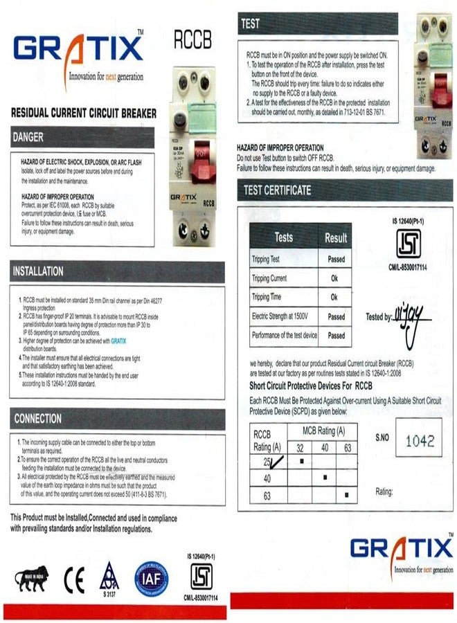 GRATIX 32 AMP PVC plastic 2 pole DP 30MA RCCB/ELCB single phase with ISI marked - Image 5